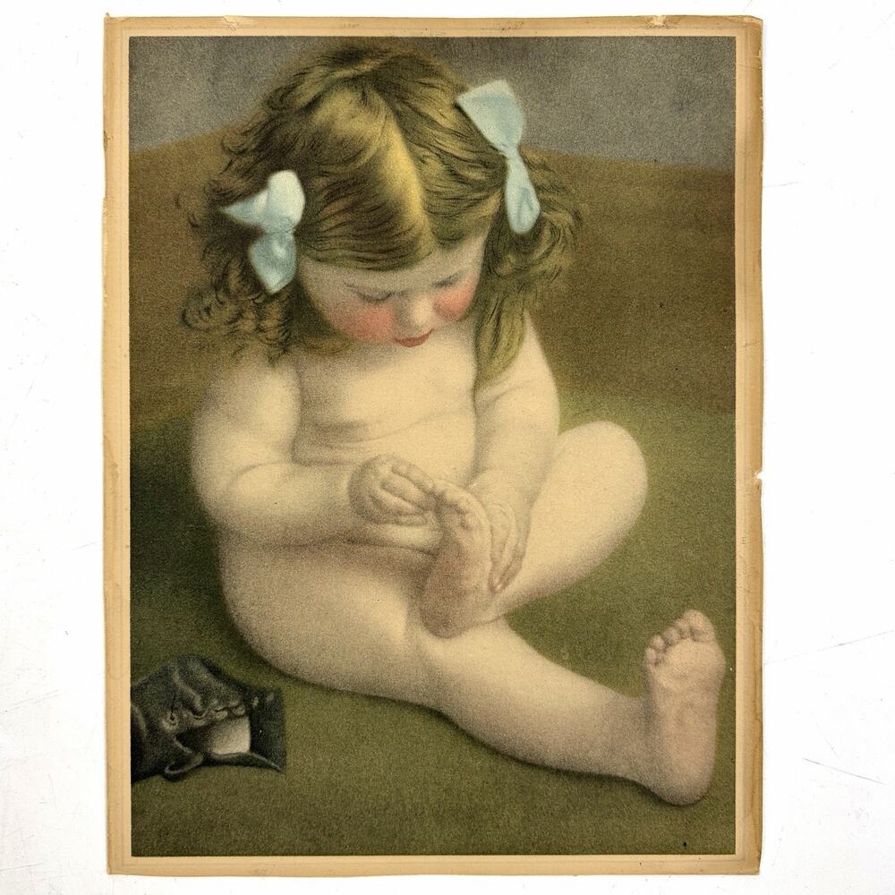Antique THIS LITTLE PIGGY Bathtime Toddler Aquatint Print DIMPLES 6x8”